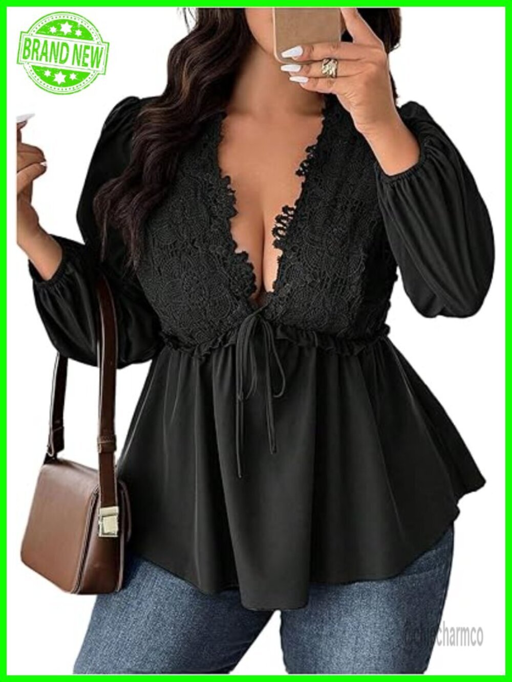 Plus Size Lace Blouse Deep V Neck Lantern Sleeve Peplum Ruffle Hem Flowy Top